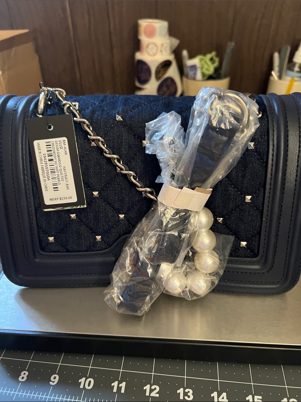 Badgley Mischka Black Quilted Shoulder Bag with Pearl Charm NWT